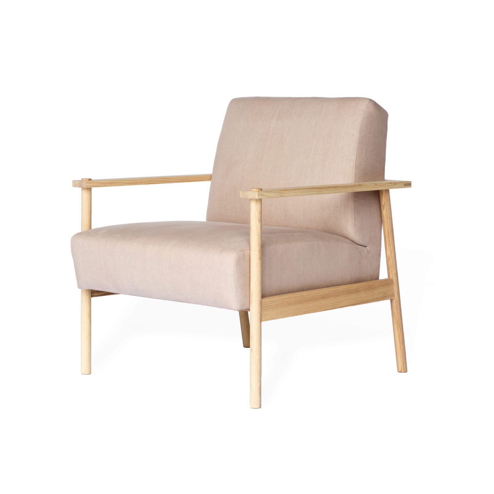 Lounge Sessel aus Holz und nachhaltigem Leinenstoff aus der AUEN Kollektion von der Marke Legno Atelier aus Krefeld.